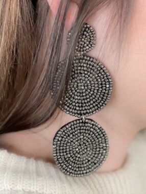 Handcrafted Triple-Circle Beaded Drop Earrings - Silver Tone